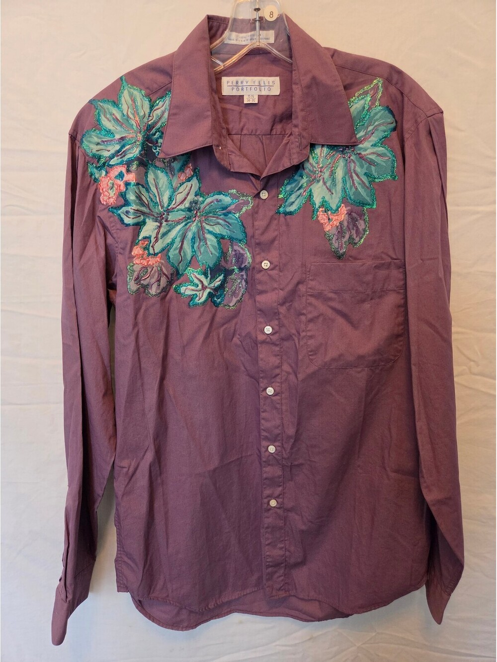 Perry Ellis Portfolio Women's Purple Button-Up Shirt with Embroidered Floral
